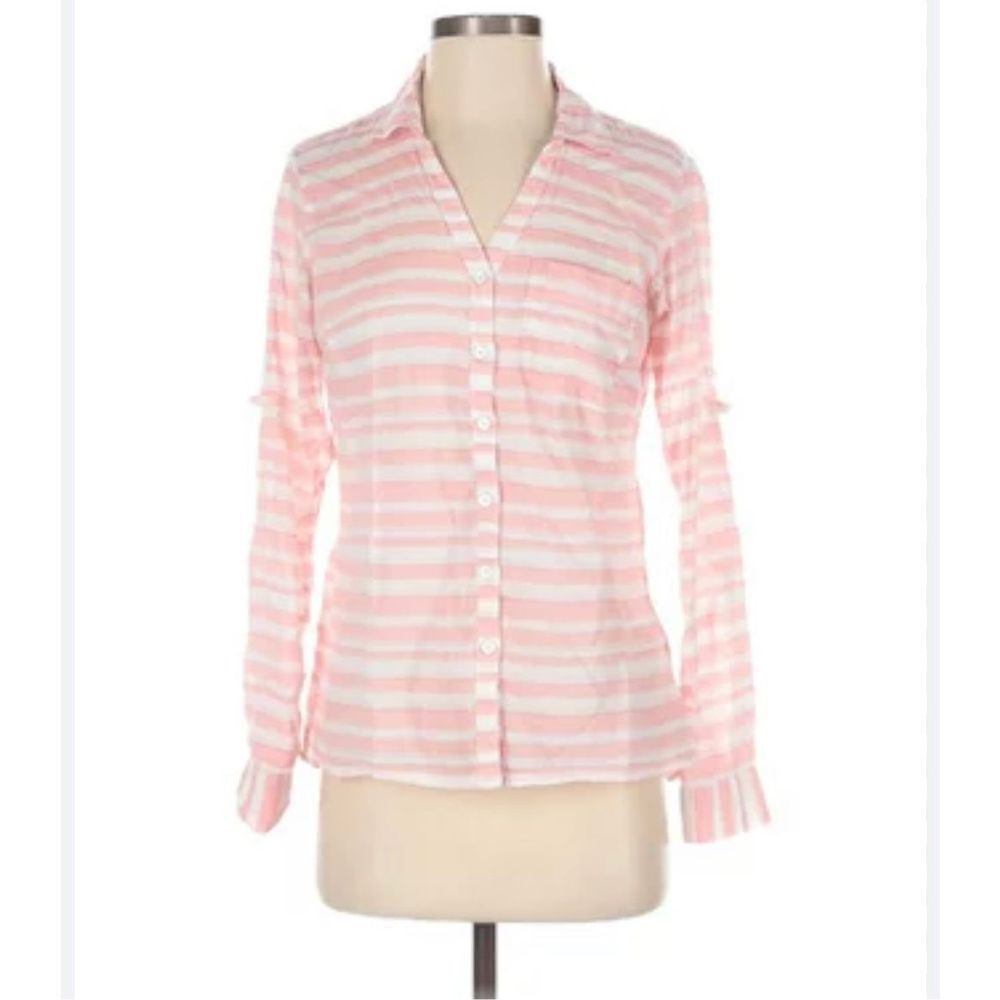 Columbia Shirt Womens Large Pink Striped V Neck Button Up Roll Up Tab Sleeve. Si